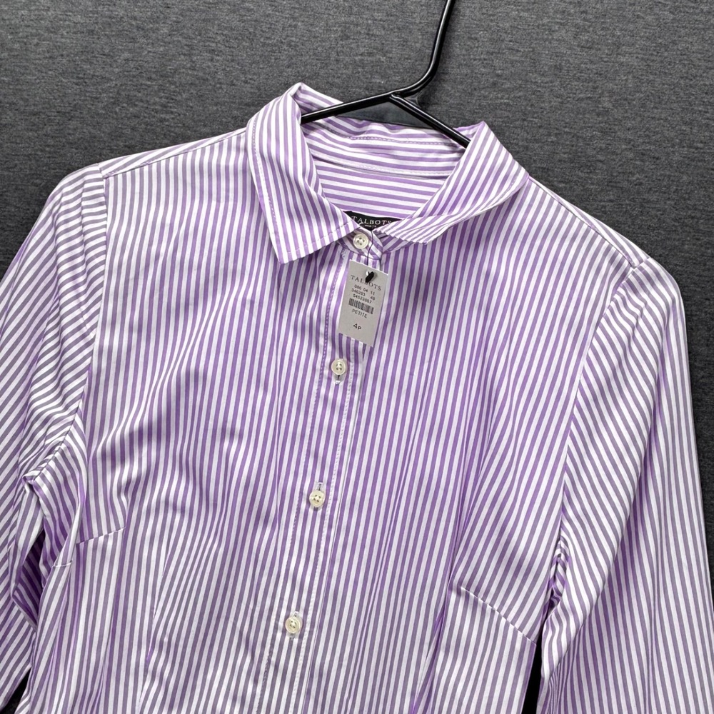 Talbots Dress Womens Petite 4P Striped Shirt Dress Button Front Belt Purple NEW